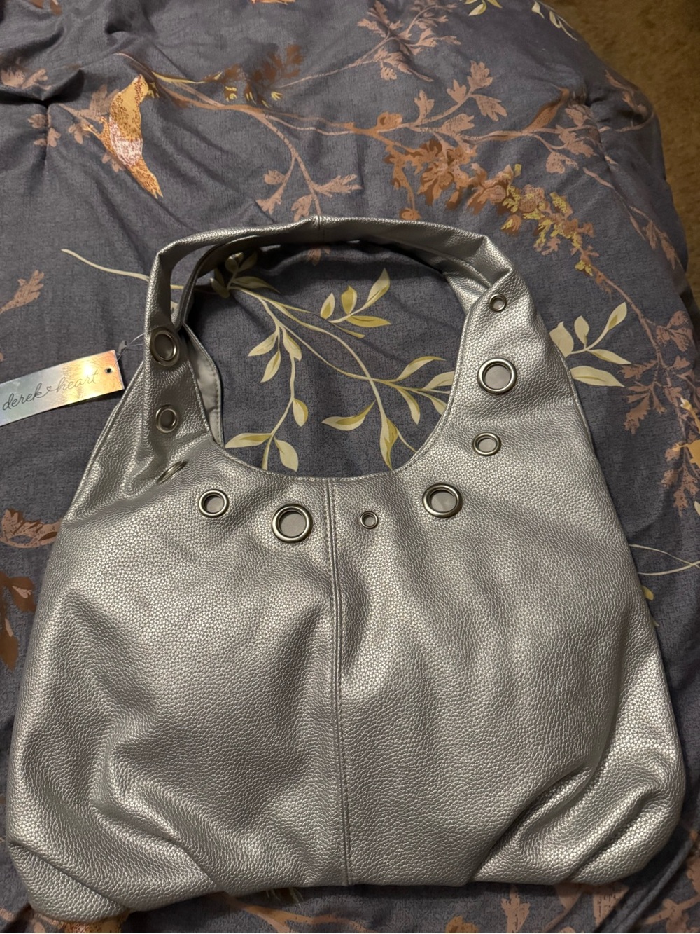 Derek Heart Metallic Silver Pebbled Hobo Bag with Grommets